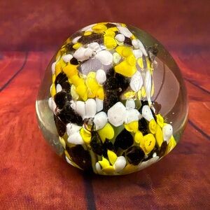 Vintage Yellow & White &black Art Glass Paperweight  Hand Blown Glass